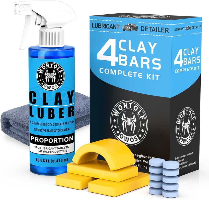 Wontolf Car Clay Bars Auto Detailing and Clay Luber Synthetic Lubricant Kit, Premium Grade 4 Clay Bars, Clay bar Lubricant Tablets 10 Pack(1pc=16 fl oz), Car Wash Kit for Detailing Cleaning - Image 1